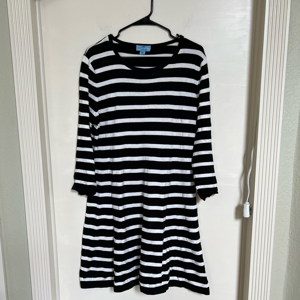 Black and white striped flared dress